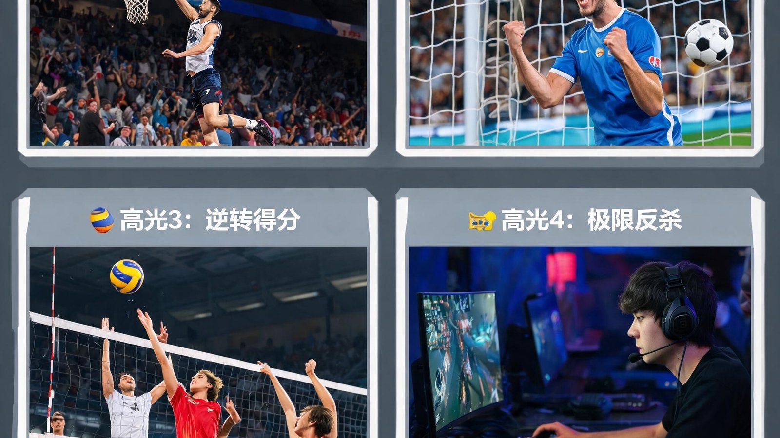 精彩回顾页面：多个比赛高光时刻拼接画面，底部滚动热门推荐内容条