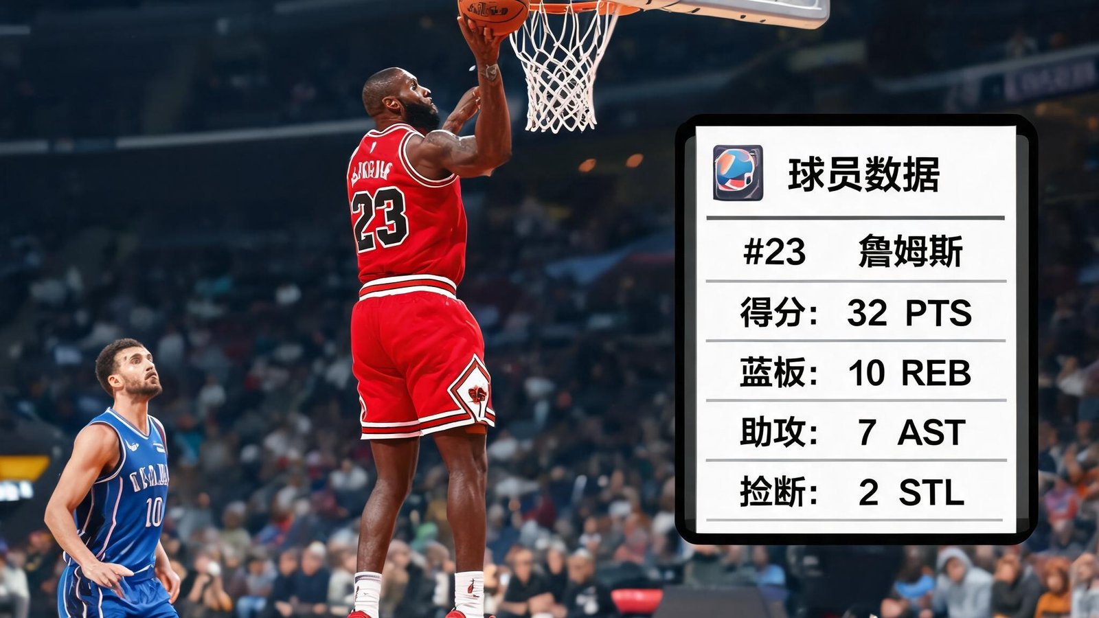 篮球比赛精彩瞬间回放截图，背景显示球员得分、篮板等数据统计看板